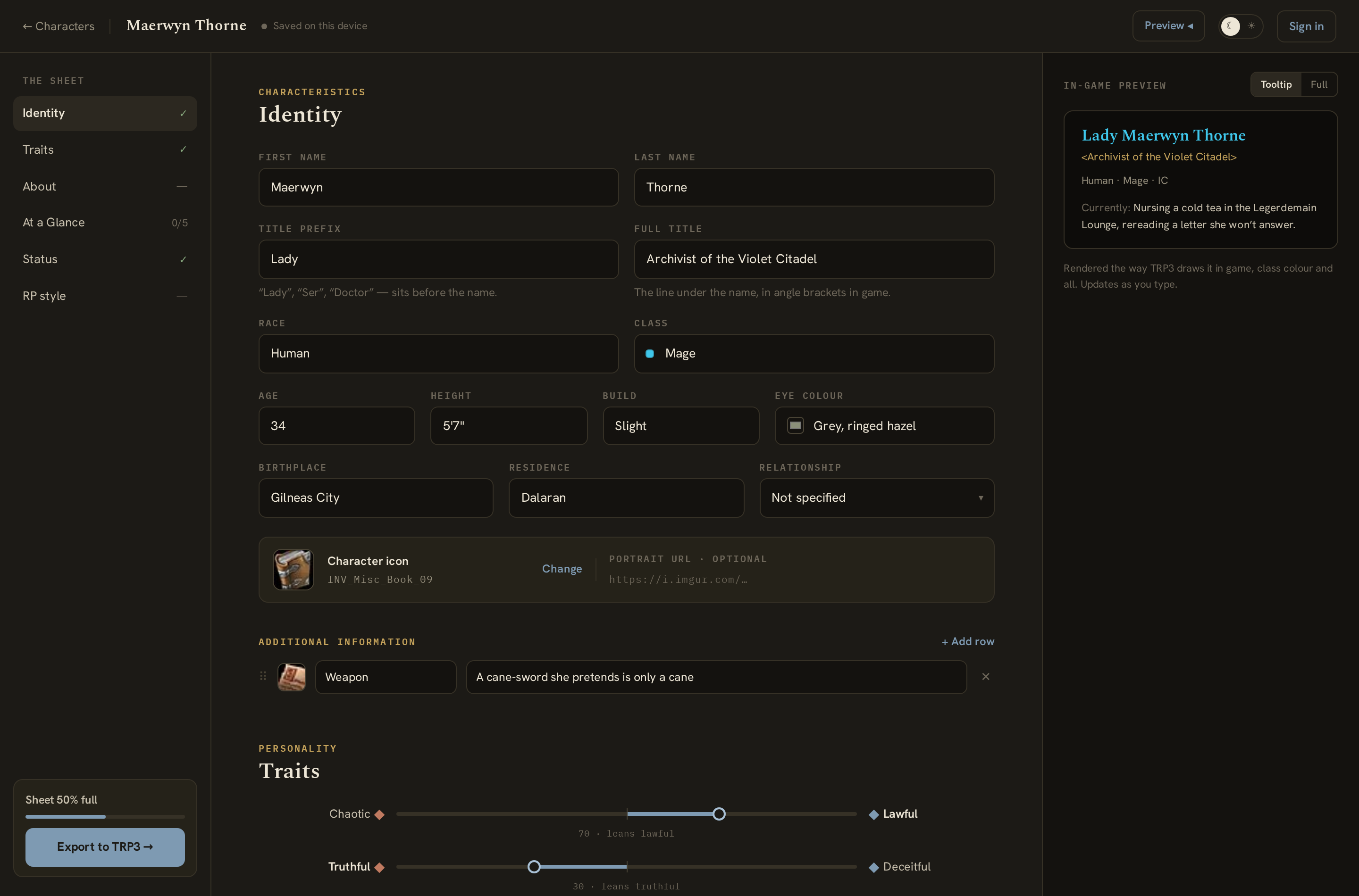 The TRP Forge editor: one scrolling character sheet with a scrollspy rail and a live in-game tooltip preview
