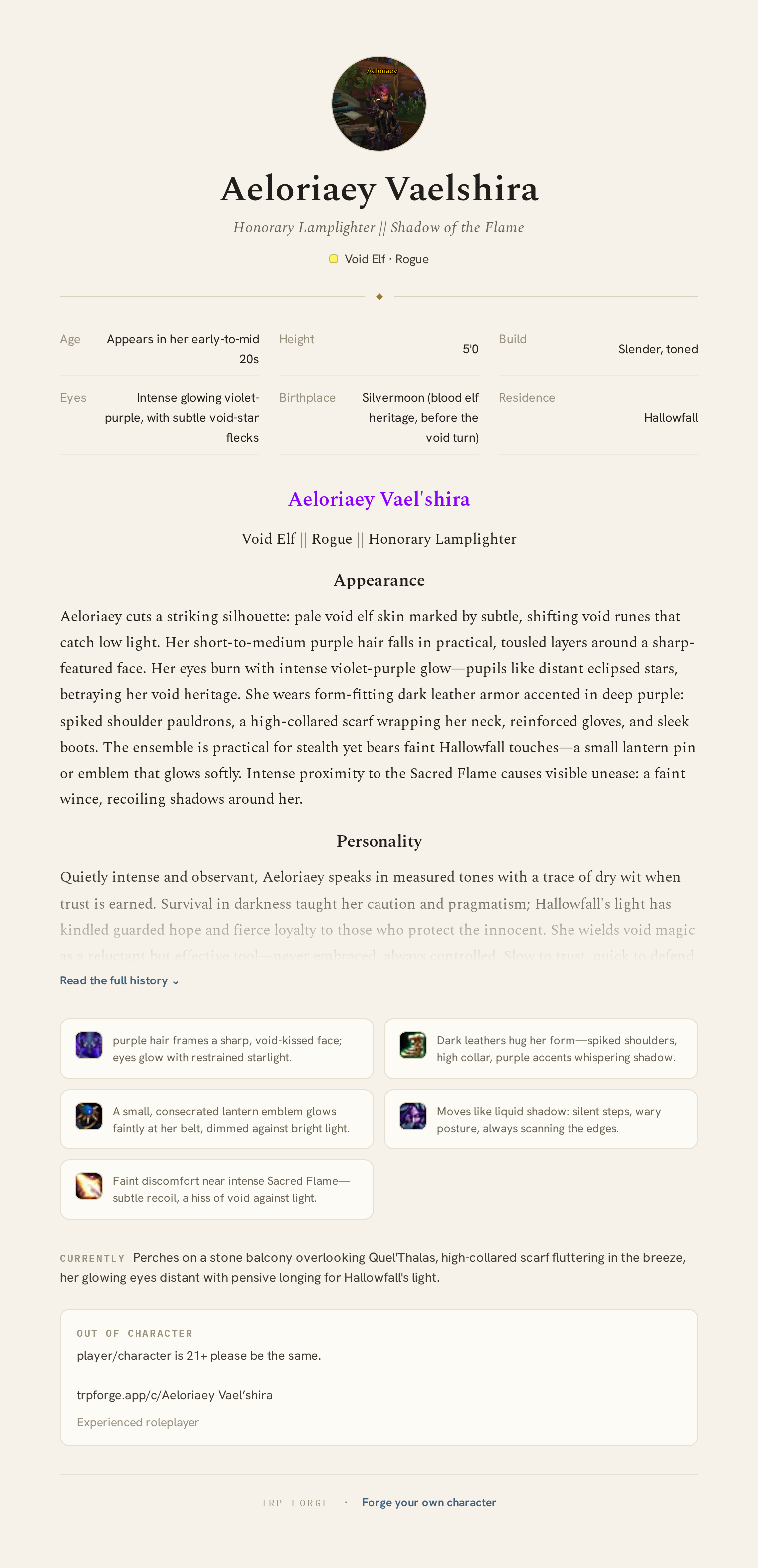 A public TRP Forge share page: the character's portrait, name, traits and prose on a single paper column